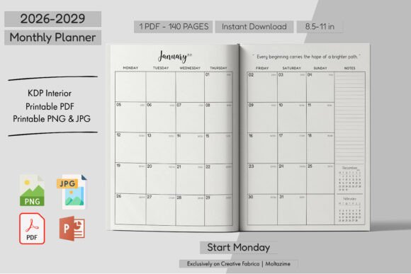 Download 2026–2029 Monthly Planner (Start Monday) - 2026 Collection